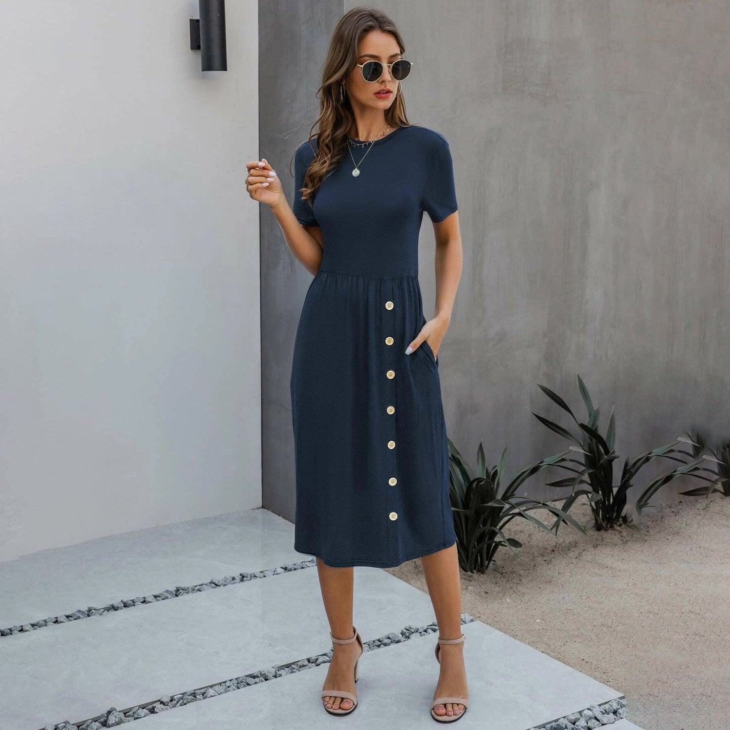 Slant Pocket Button Detail Dress