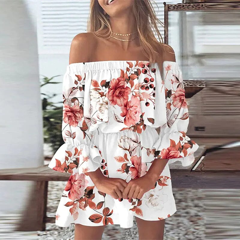 Women's 3/4 Length Sleeve Floral Ruffle Summer Spring Off Shoulder Dress