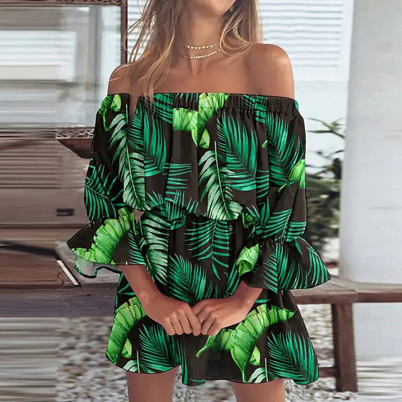Women's 3/4 Length Sleeve Floral Ruffle Summer Spring Off Shoulder Dress