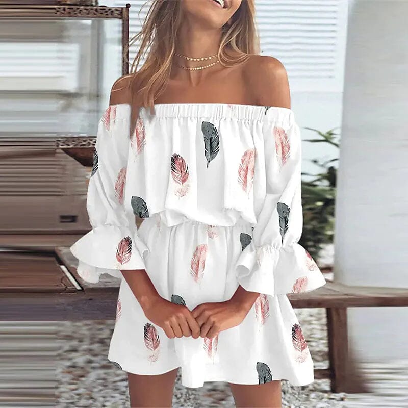Women's 3/4 Length Sleeve Floral Ruffle Summer Spring Off Shoulder Dress