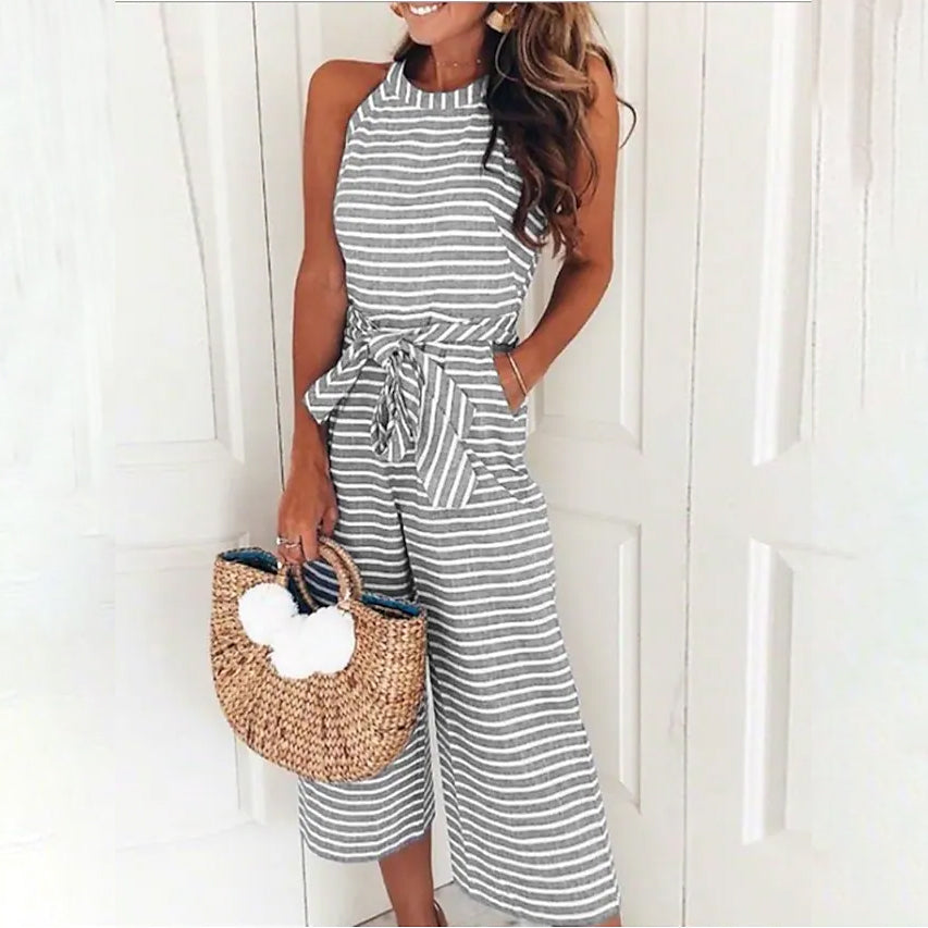 Women's Solid Color Crew Neck Casual Jumpsuit