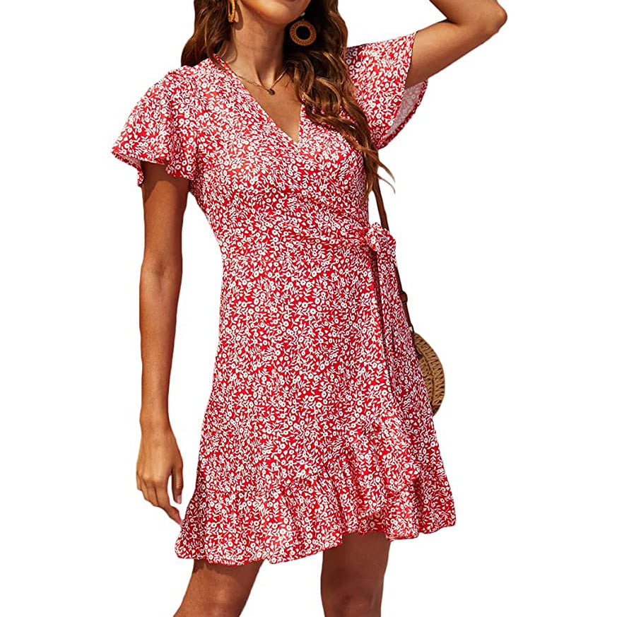 Women's Summer Wrap V Neck Polka Dot Dress