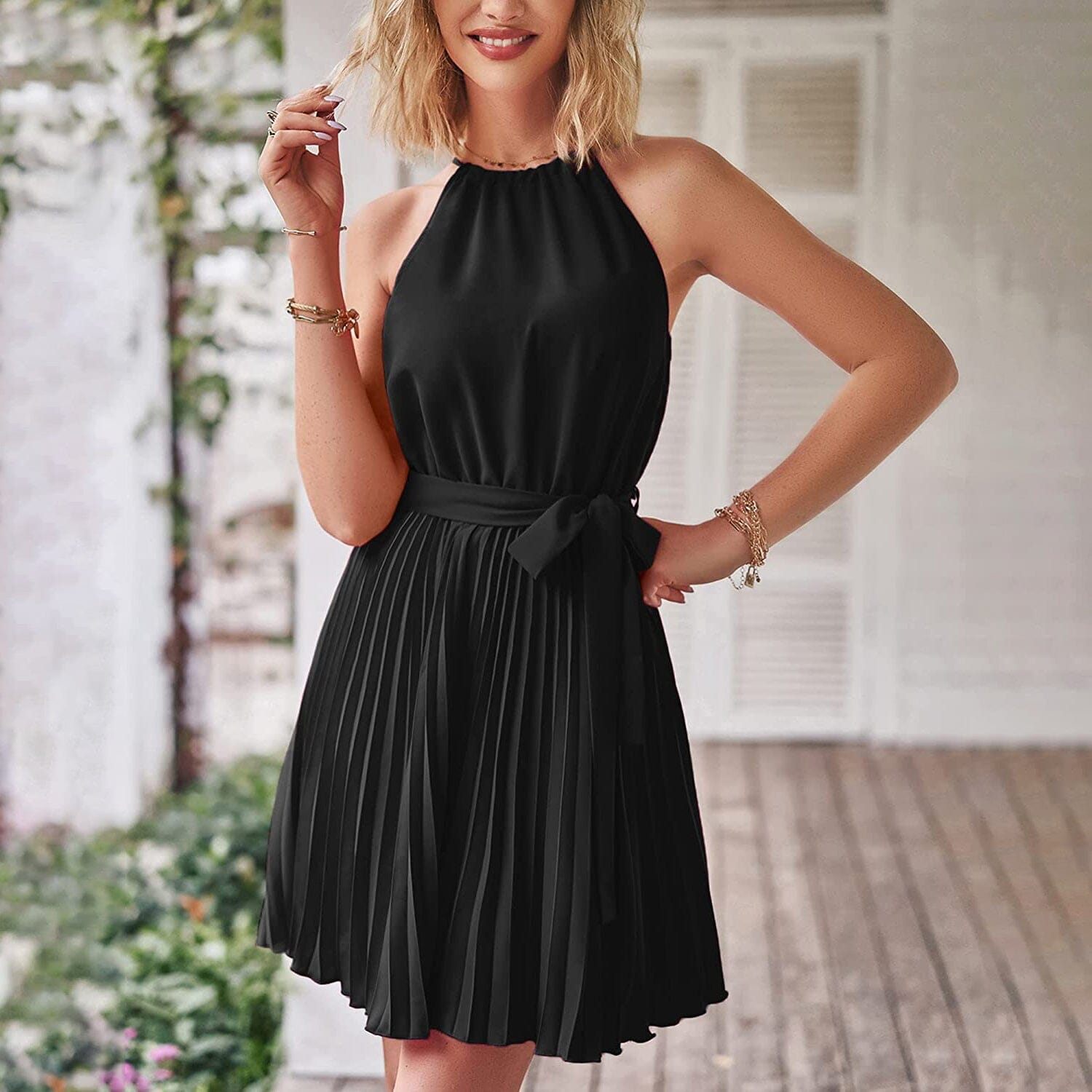 Casual Halter Neck A-Line Dress Sleeveless Belted Swing Pleated Cocktail Party Beach Mini Dresses