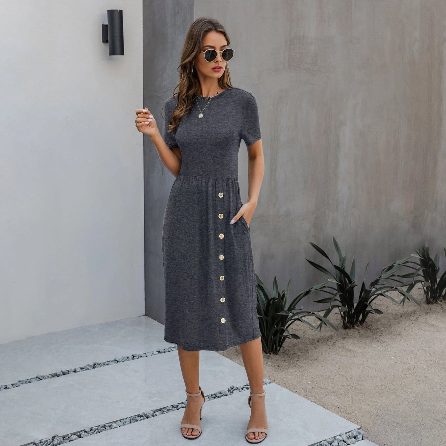 Slant Pocket Button Detail Dress