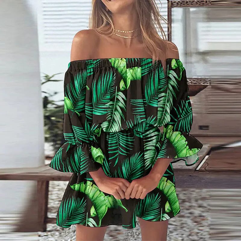 Women's 3/4 Length Sleeve Floral Ruffle Summer Spring Off Shoulder Dress