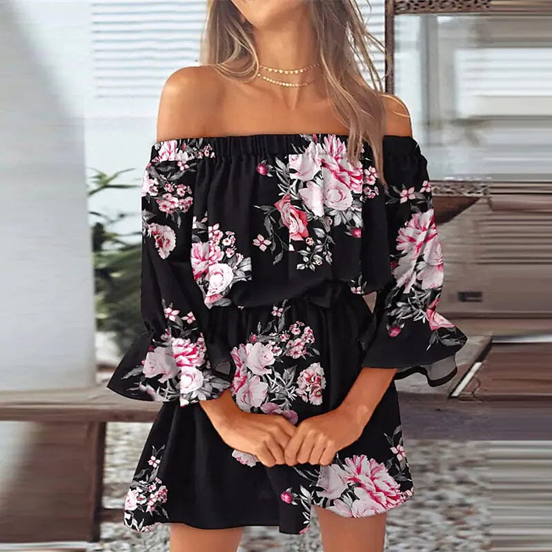 Women's 3/4 Length Sleeve Floral Ruffle Summer Spring Off Shoulder Dress