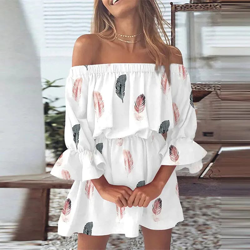 Women's 3/4 Length Sleeve Floral Ruffle Summer Spring Off Shoulder Dress