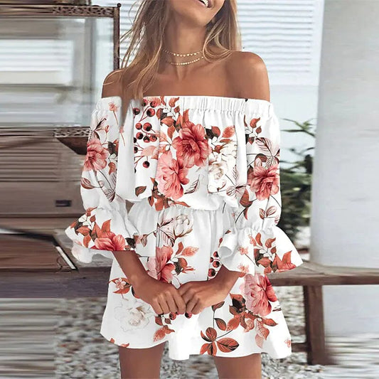Women's 3/4 Length Sleeve Floral Ruffle Summer Spring Off Shoulder Dress