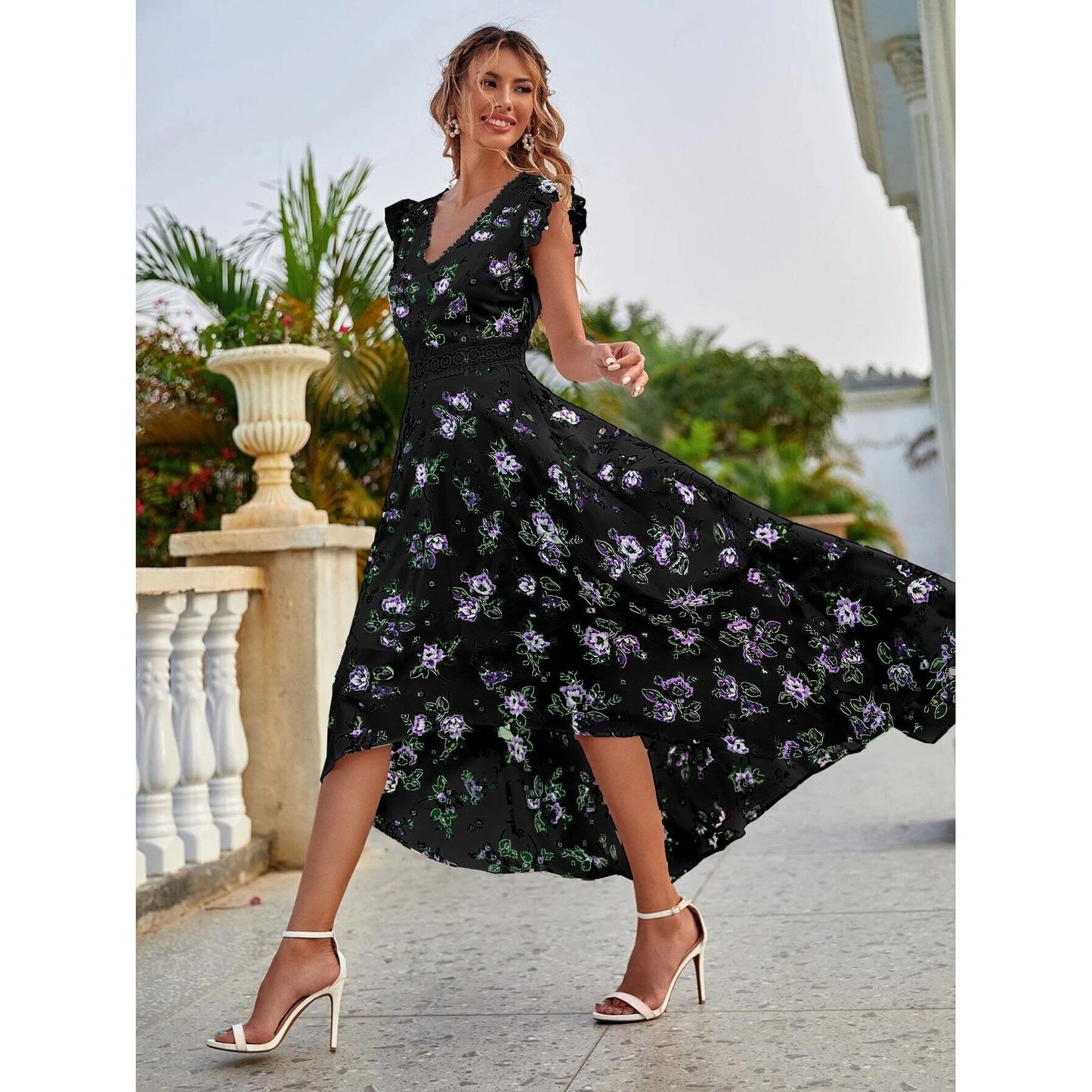 Women's Full Body Floral Print High Low Hem A-Line Dress