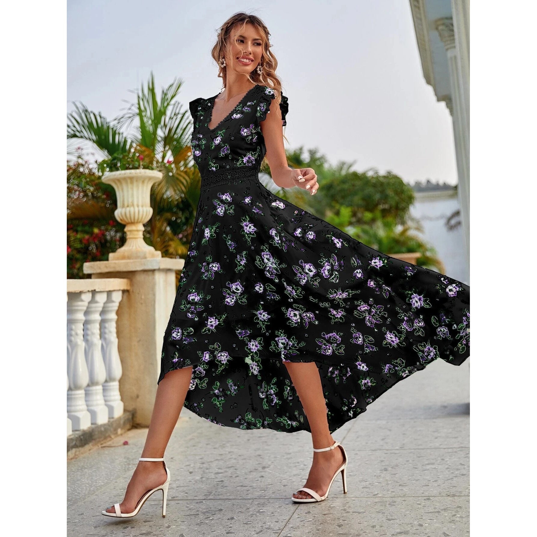 Women's Full Body Floral Print High Low Hem A-Line Dress