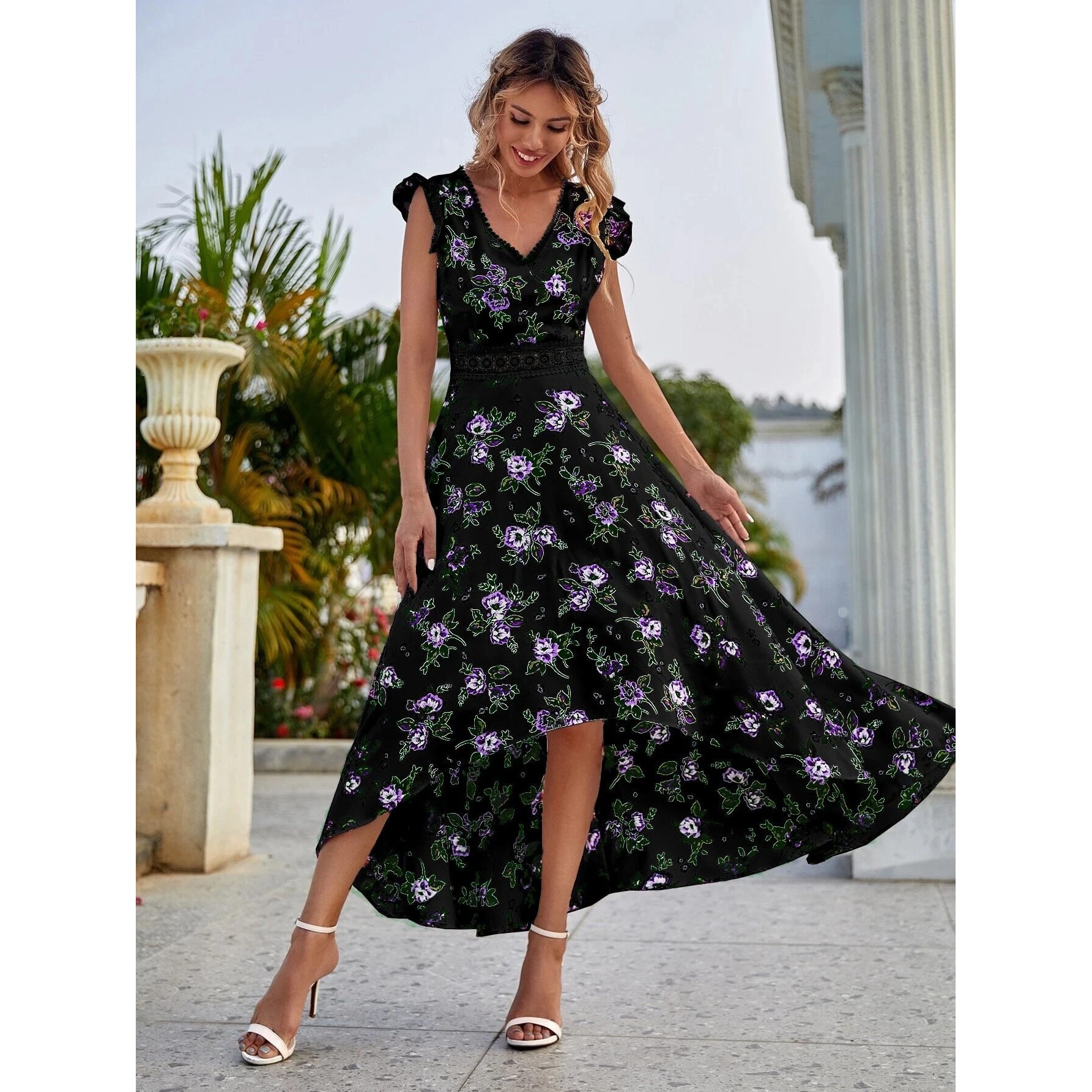Women's Full Body Floral Print High Low Hem A-Line Dress