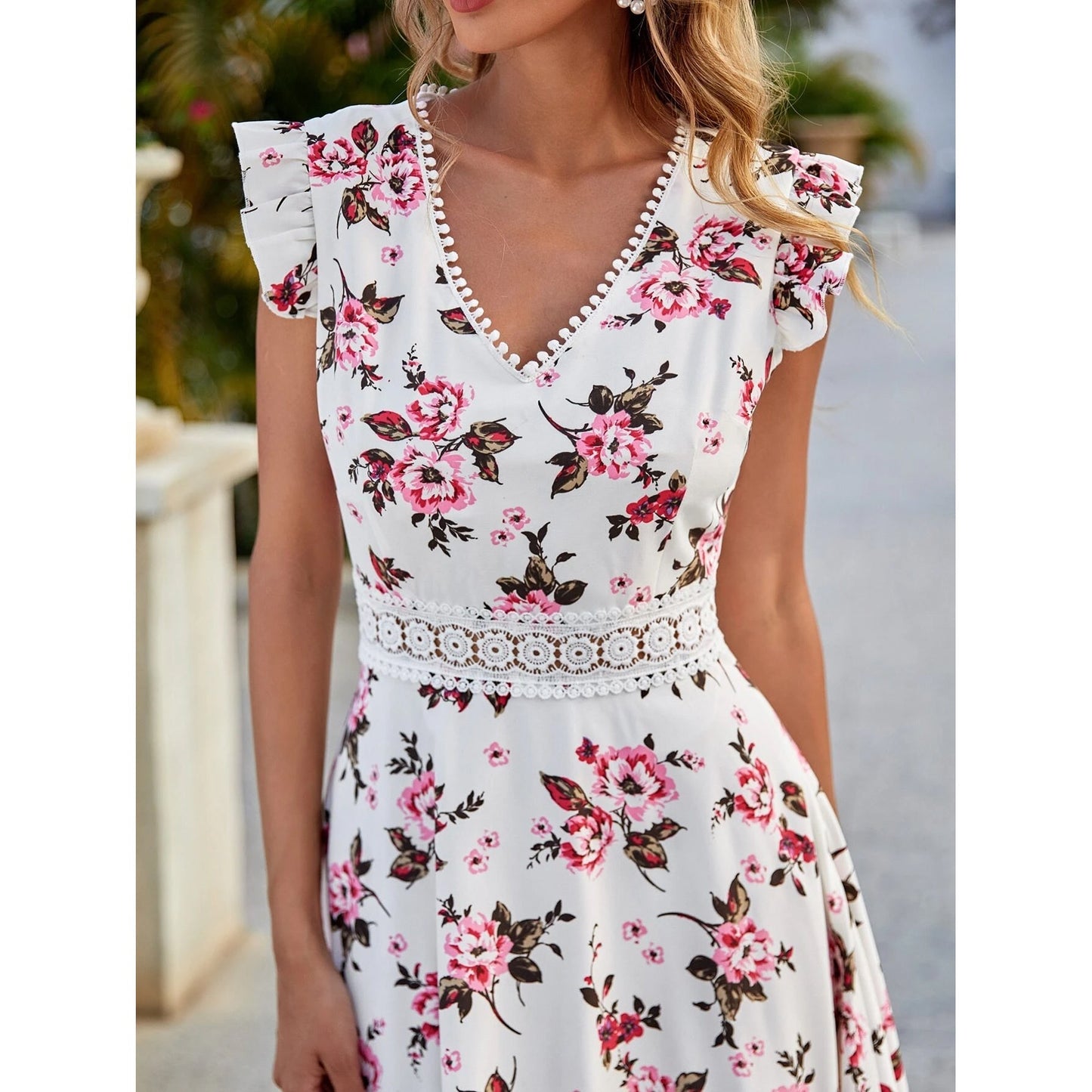 Women's Full Body Floral Print High Low Hem A-Line Dress