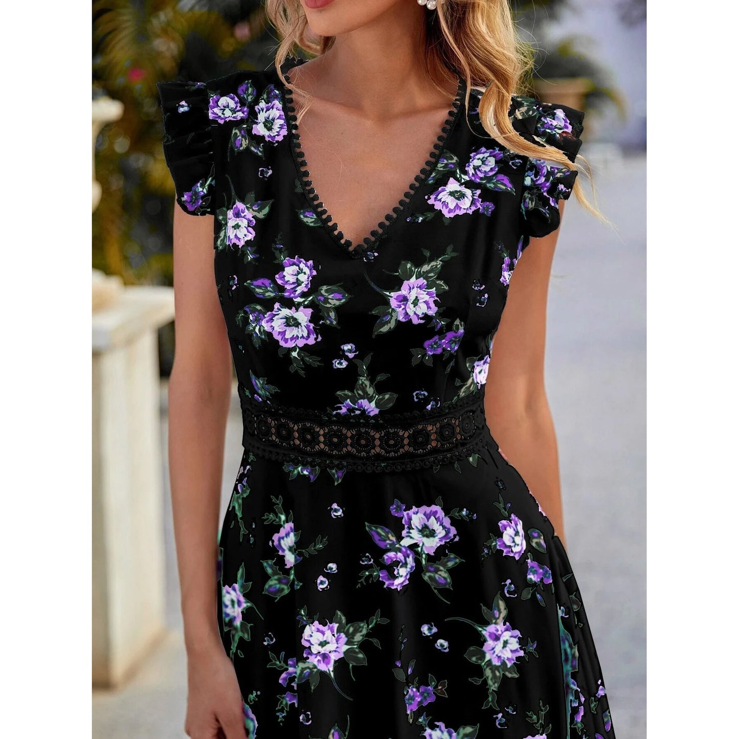Women's Full Body Floral Print High Low Hem A-Line Dress