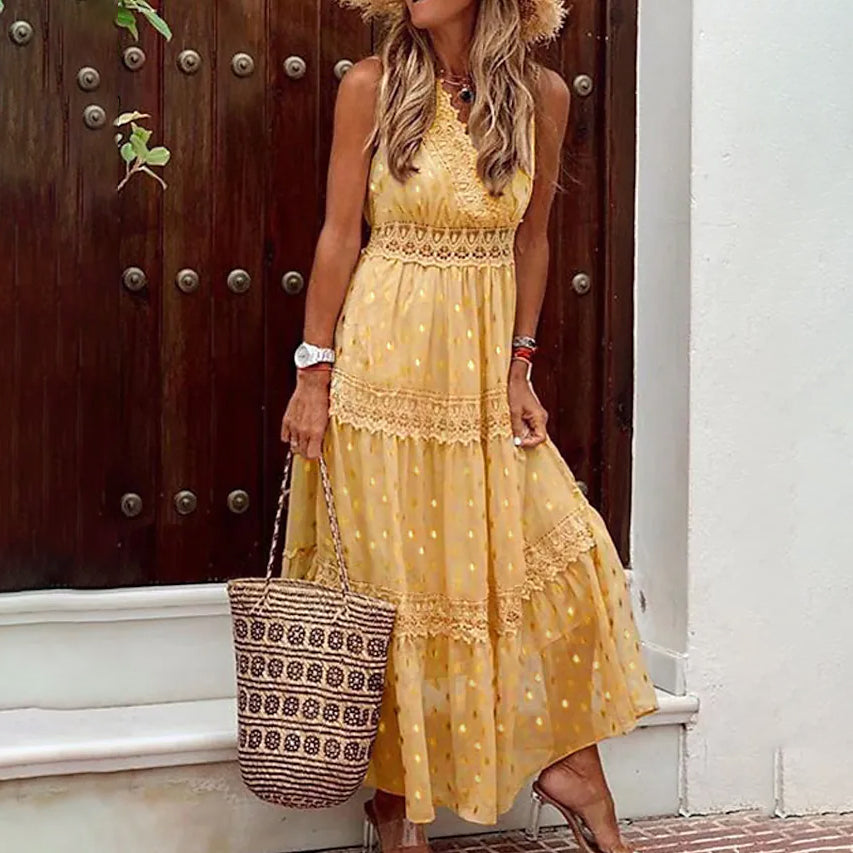 Women's Sleeveless Solid Color Lace Panel Dress
