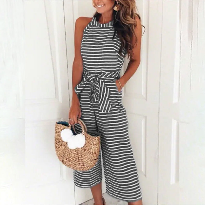 Women's Solid Color Crew Neck Casual Jumpsuit