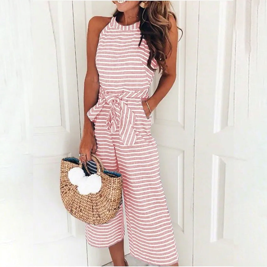 Women's Solid Color Crew Neck Casual Jumpsuit