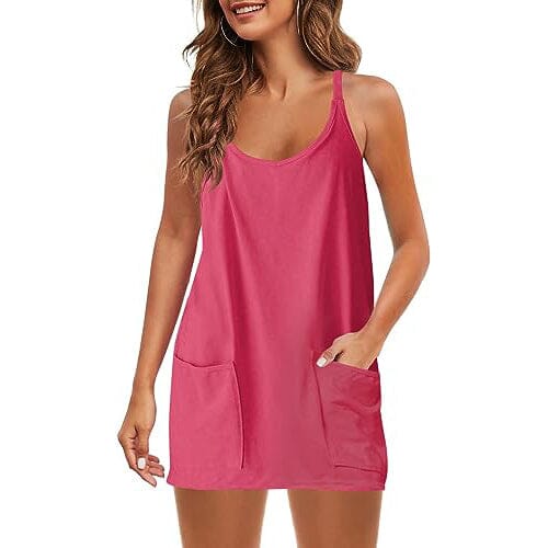 Womens Summer Sleeveless Mini Dress V Neck Spaghetti Strap with Pockets