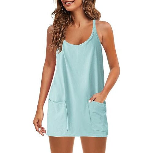 Womens Summer Sleeveless Mini Dress V Neck Spaghetti Strap with Pockets