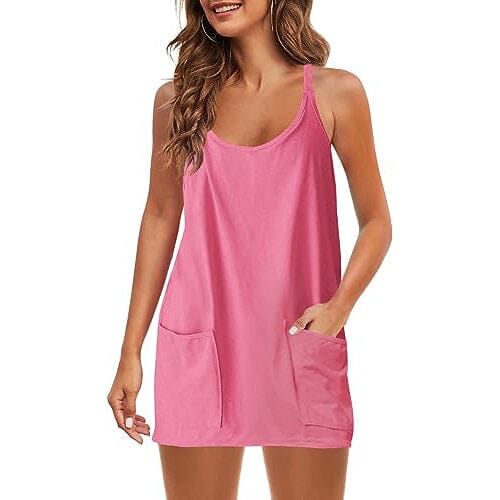 Womens Summer Sleeveless Mini Dress V Neck Spaghetti Strap with Pockets