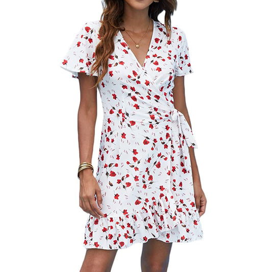 Women's Summer Wrap V Neck Polka Dot Dress