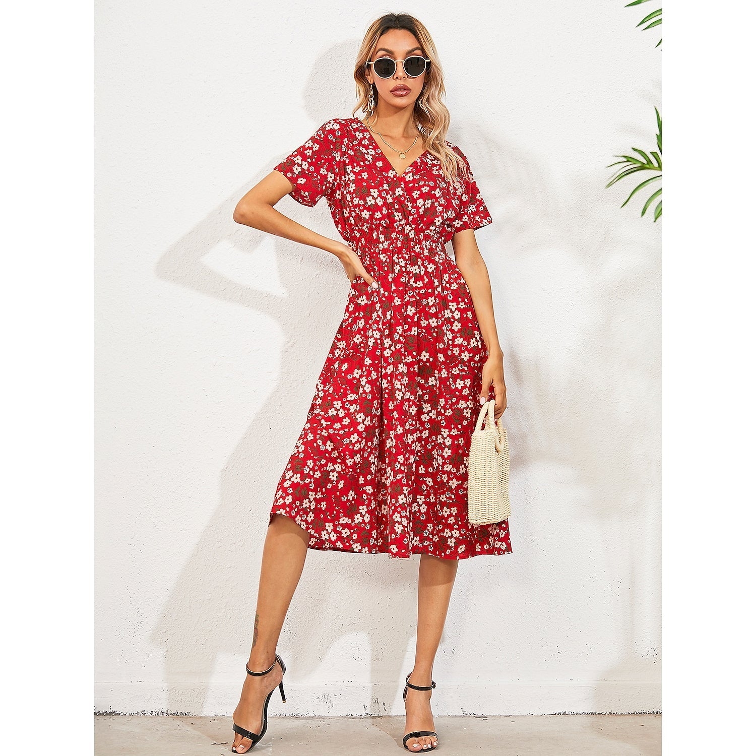 Women's V Neck Casual Boho Loose Midi Dress