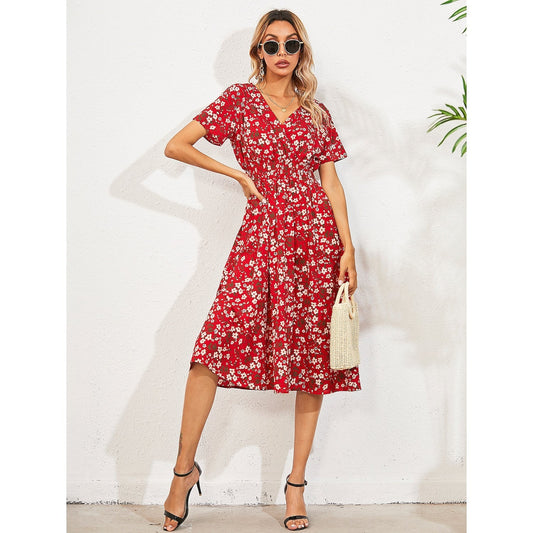 Women's V Neck Casual Boho Loose Midi Dress